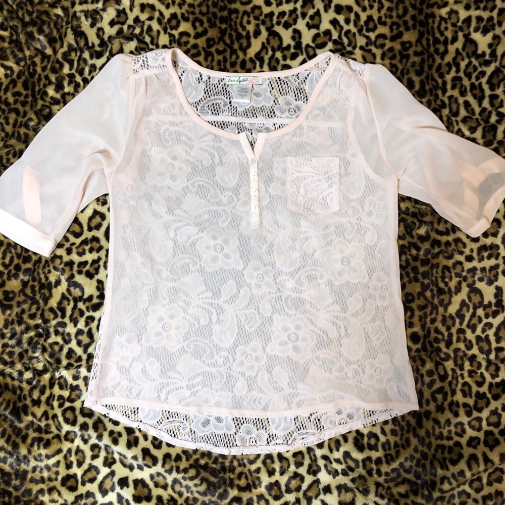 Pink Sheer Floral Lace Blouse w Frocket & Buttons Half Sleeve Cuff Love Sqaured